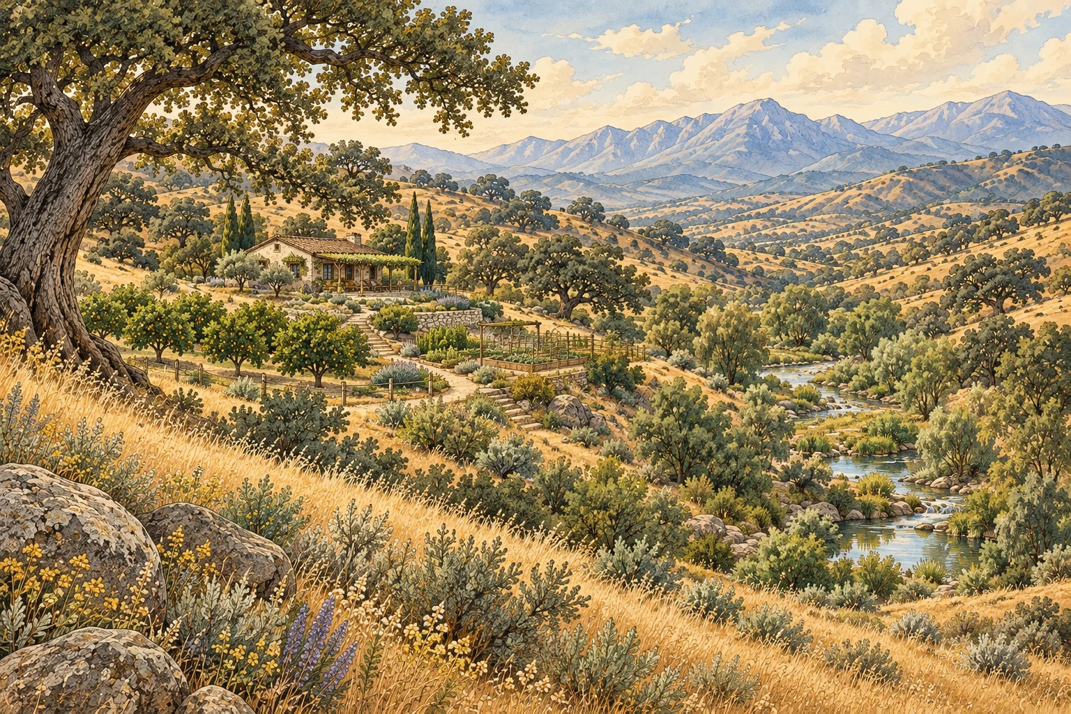Imagined Southern California hillside with a home, garden, native trees and a water corridor