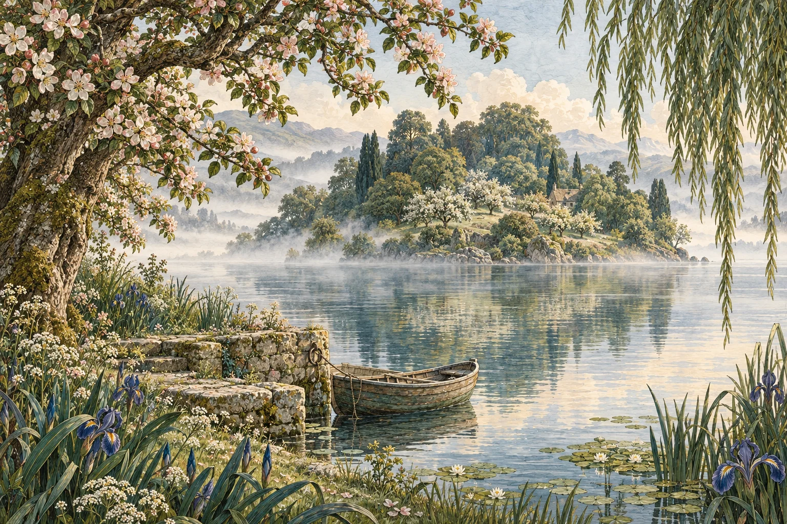 Imagined island refuge with an orchard and sheltered waters
