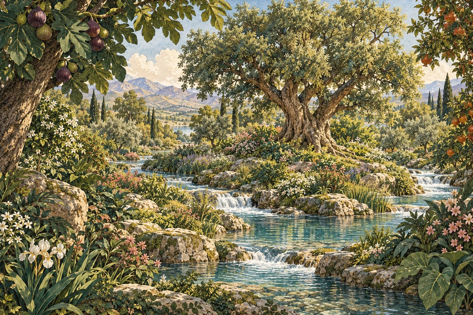 Imagined Eden-like garden with spreading trees and streams