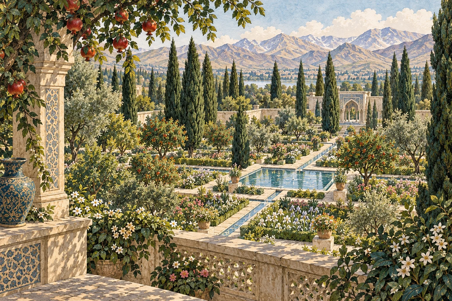 Imagined Persian-inspired garden with shade, water channels and a pavilion