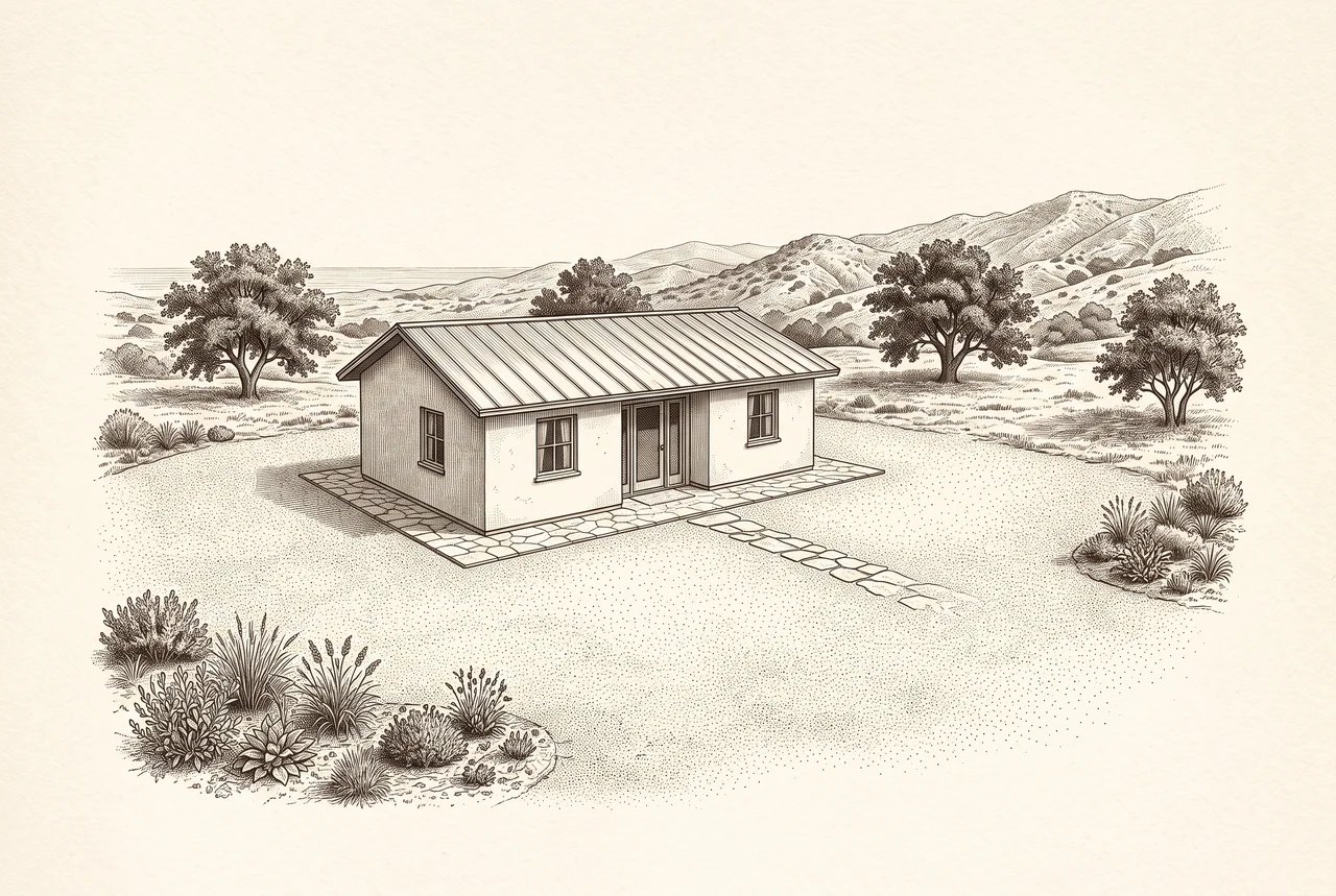 Conceptual sepia engraving of a home surrounded by a broad bare gravel and stone apron, with separated planting farther away.