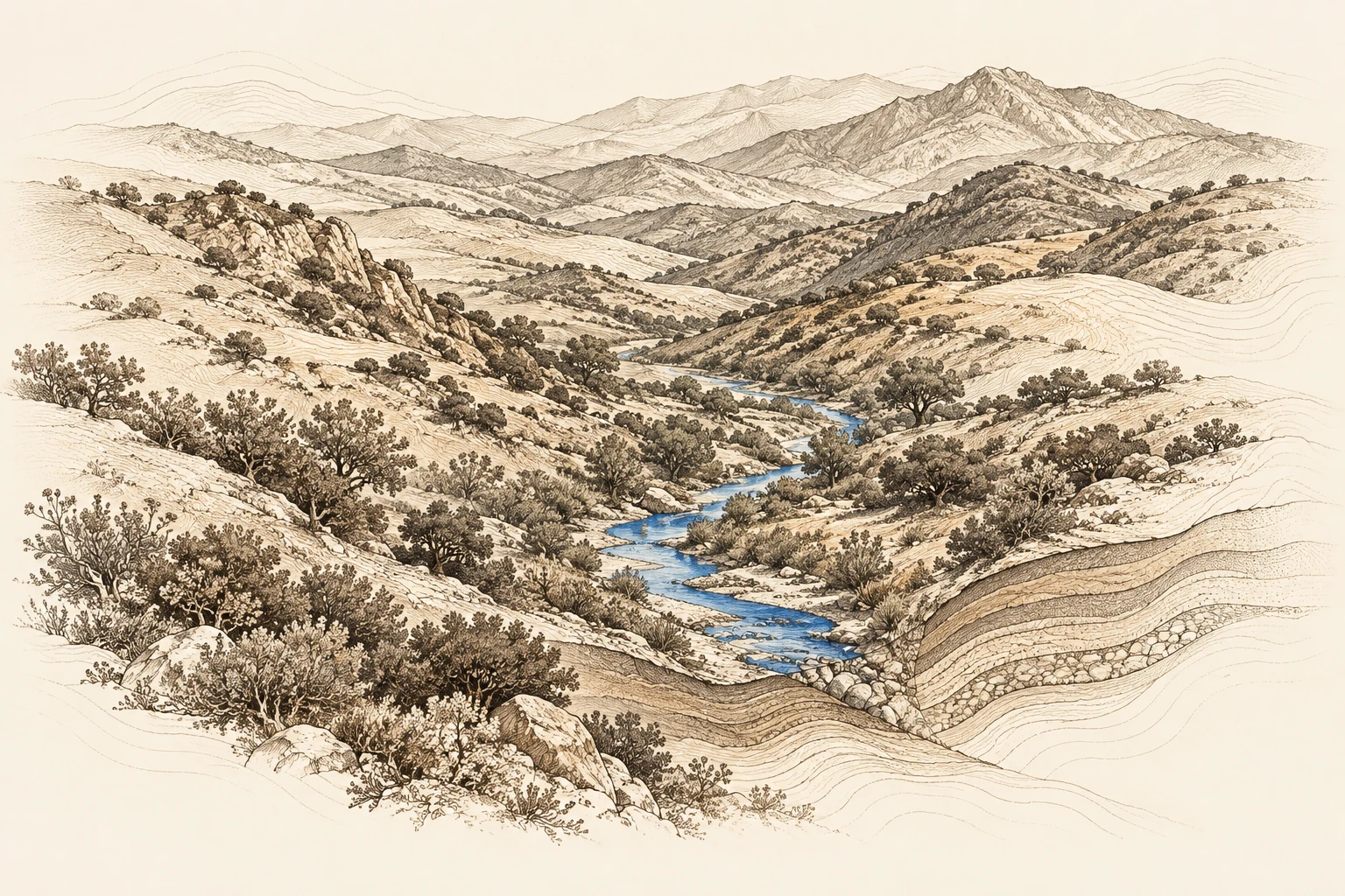 Conceptual sepia watershed engraving with a blue creek